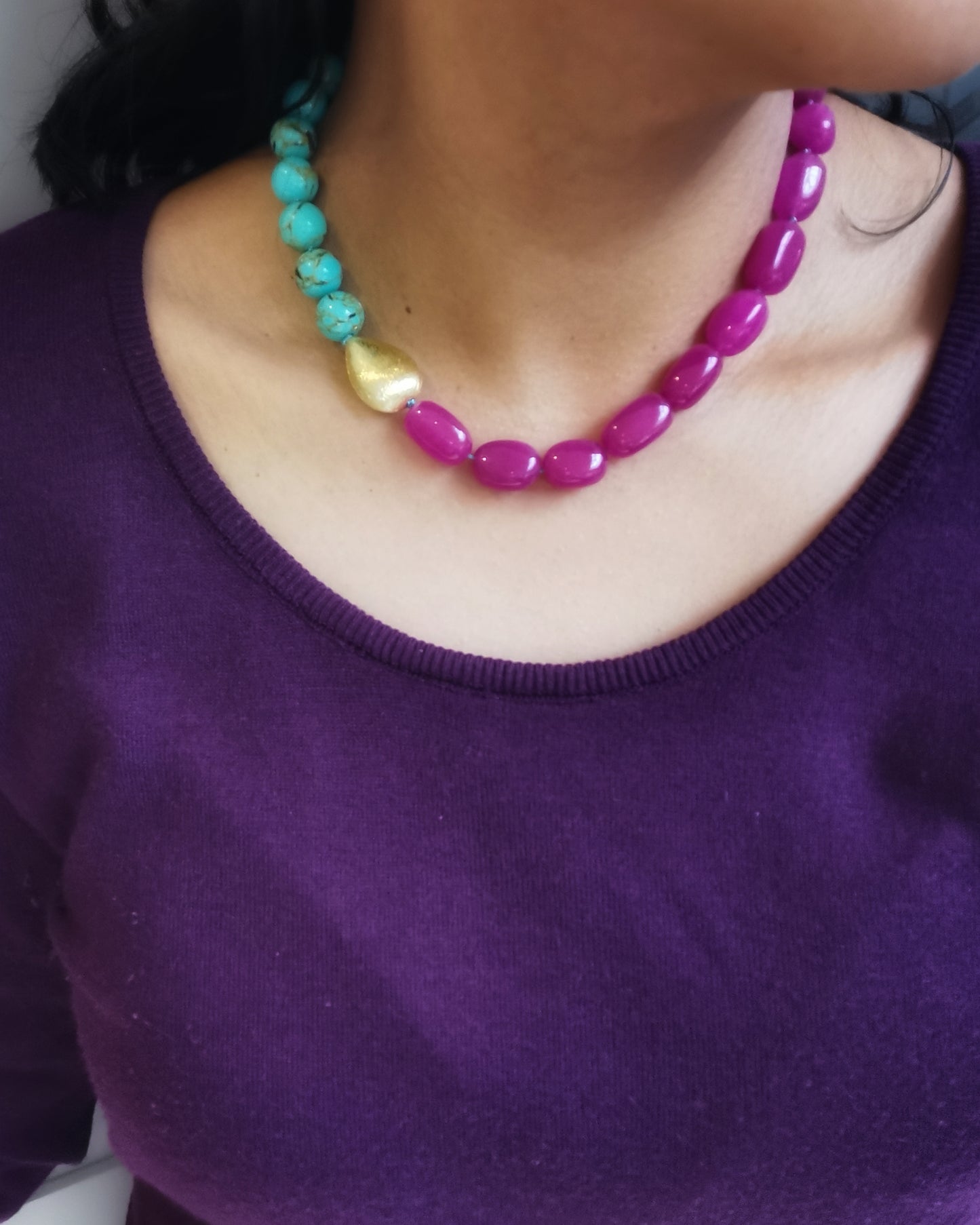 Mismatched Hot Pink and Turquoise Statement Necklace