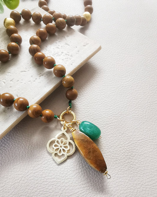Brown Agate Long Necklace with Gemstone Charms