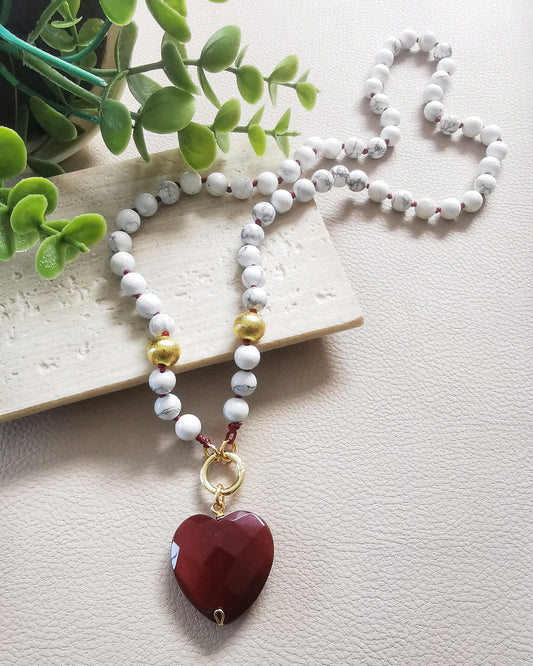 Long White Howlite Pendant Necklace with Red Wine Agate heart Pendant