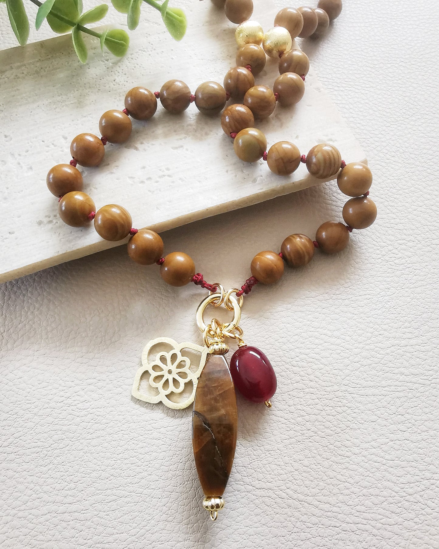 Brown Agate Long Necklace with Gemstone Charms