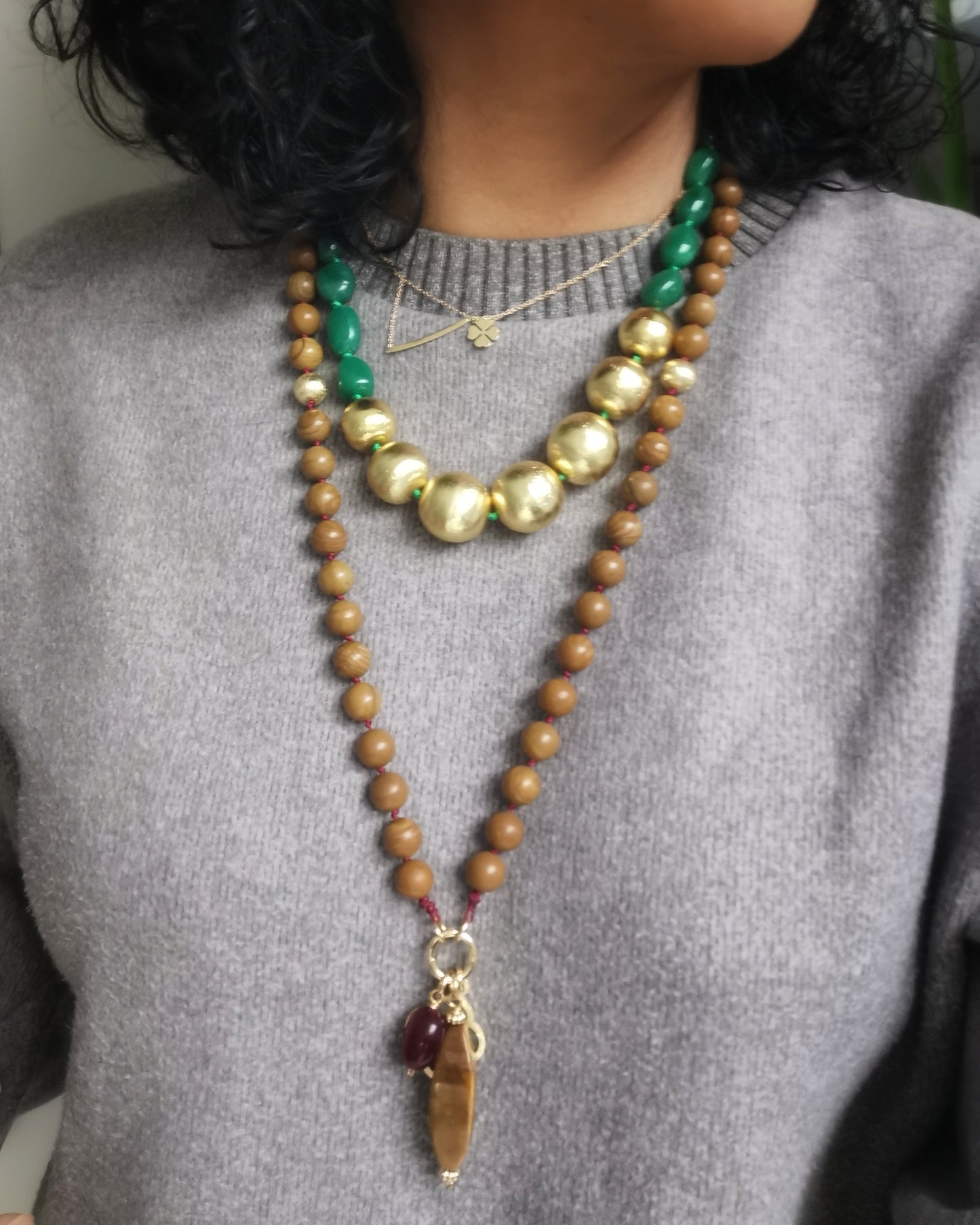 Brown Agate Long Necklace with Gemstone Charms