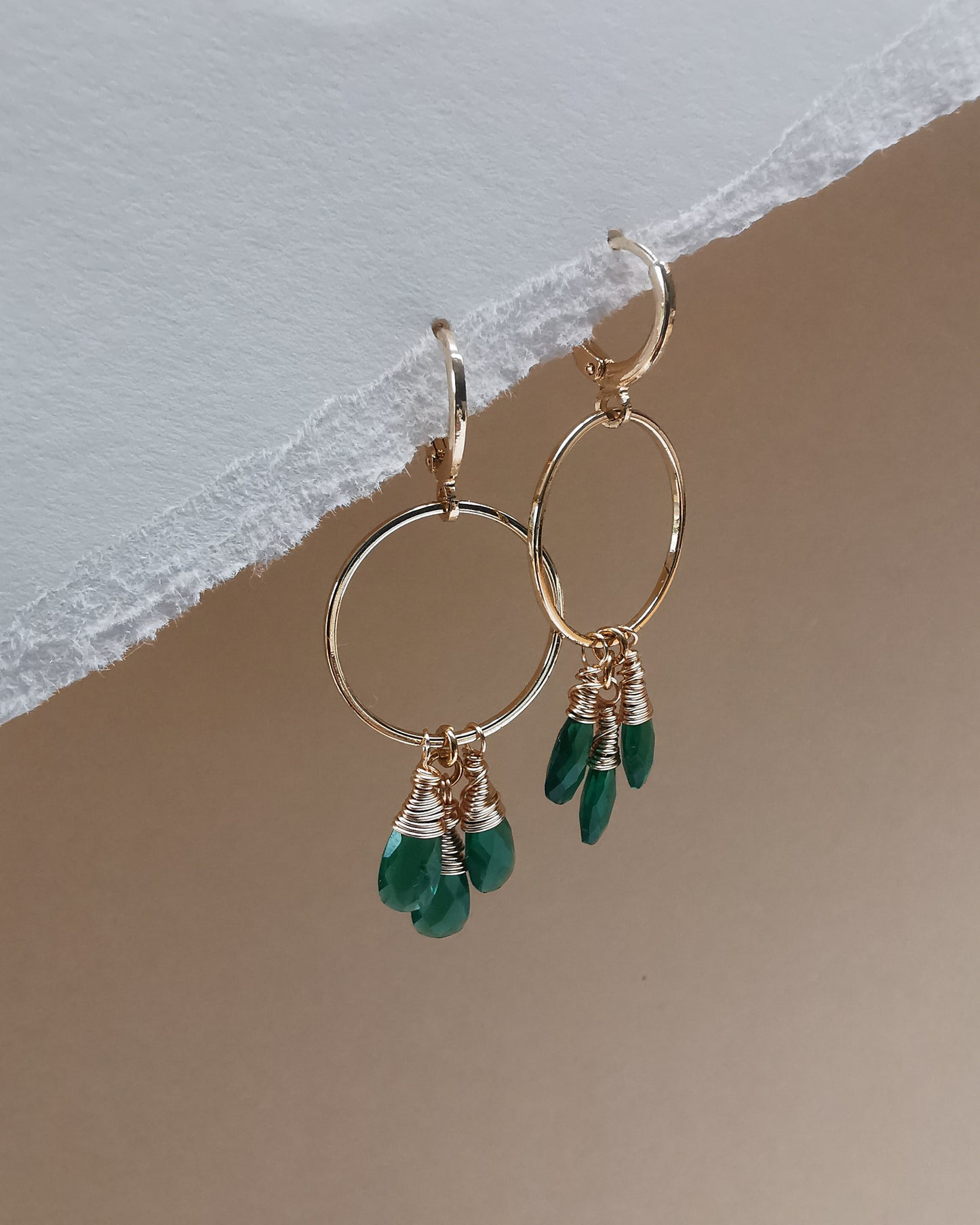 Green Onyx Triple-Drop Gemstone Hoop Earrings