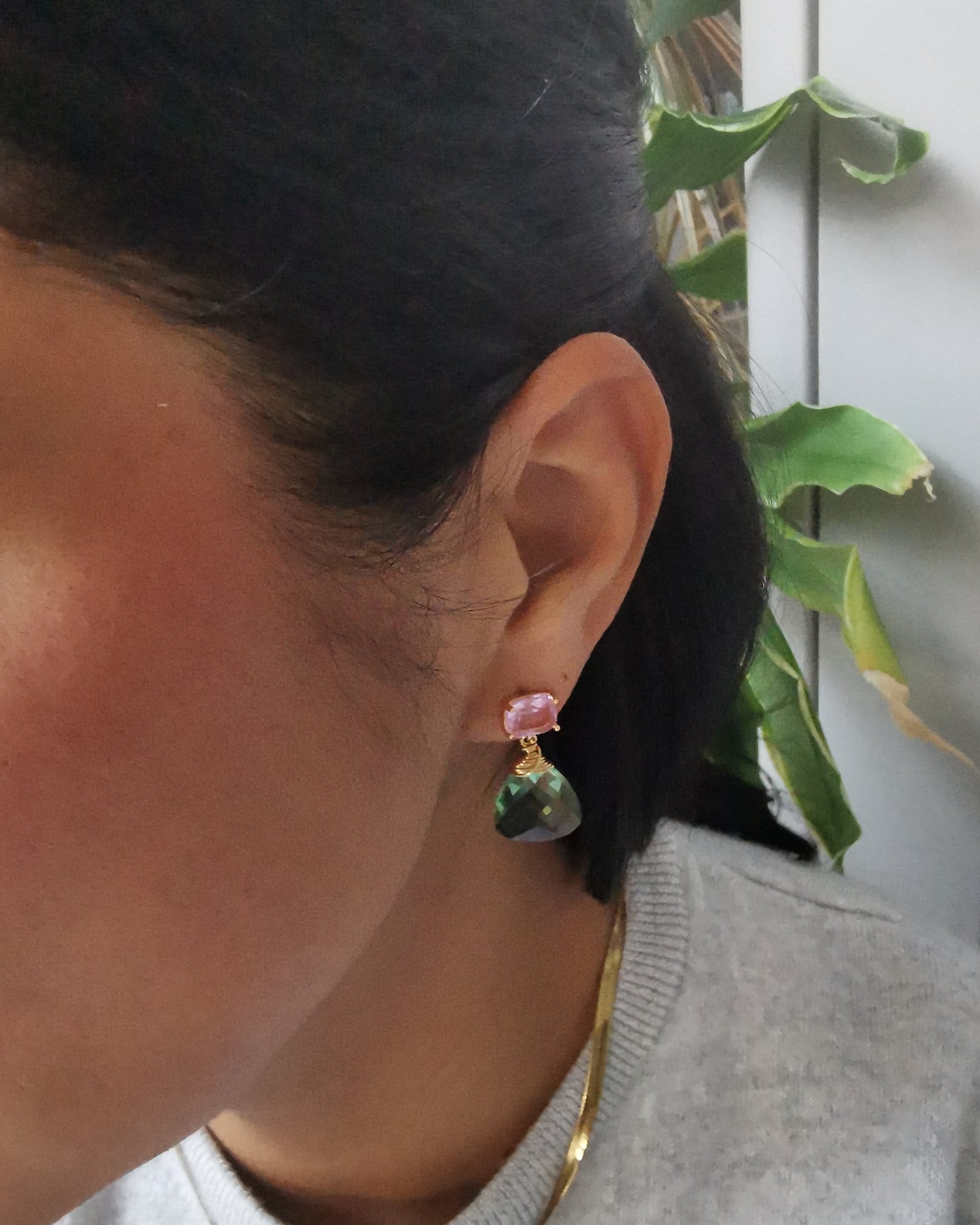 Pink Crystal and Green Amethyst Trillion Gemstone Stud Earrings