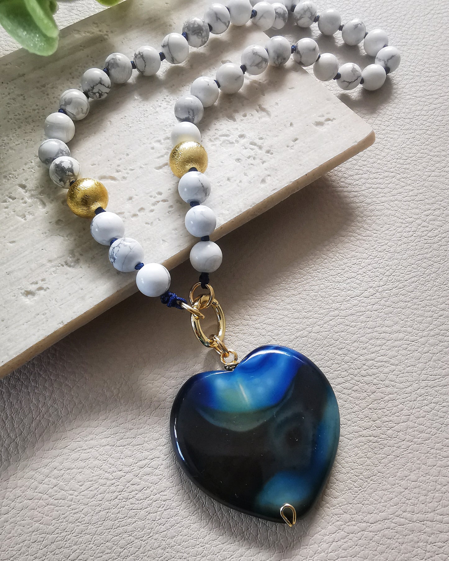 Long White Howlite Pendant Necklace with Deep Blue Agate Heart Pendant