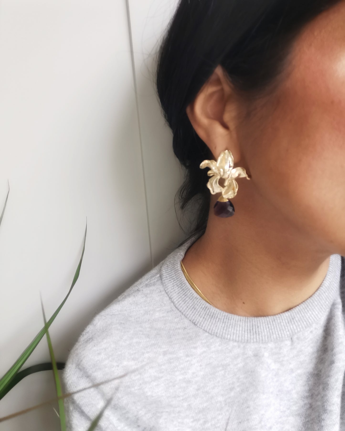 Orchid Flower Earrings with Amethyst Trillion Gemstone