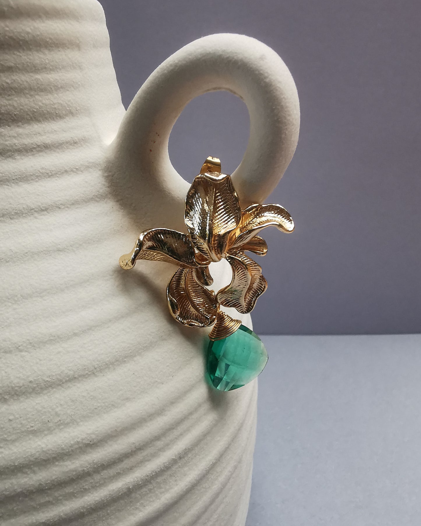 Orchid Flower Earrings with Caribbean Green Iolite