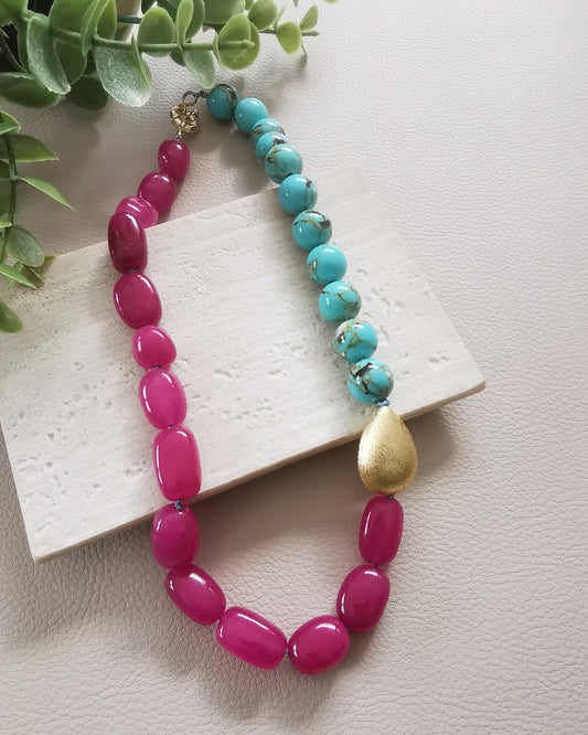 Mismatched Hot Pink and Turquoise Statement Necklace