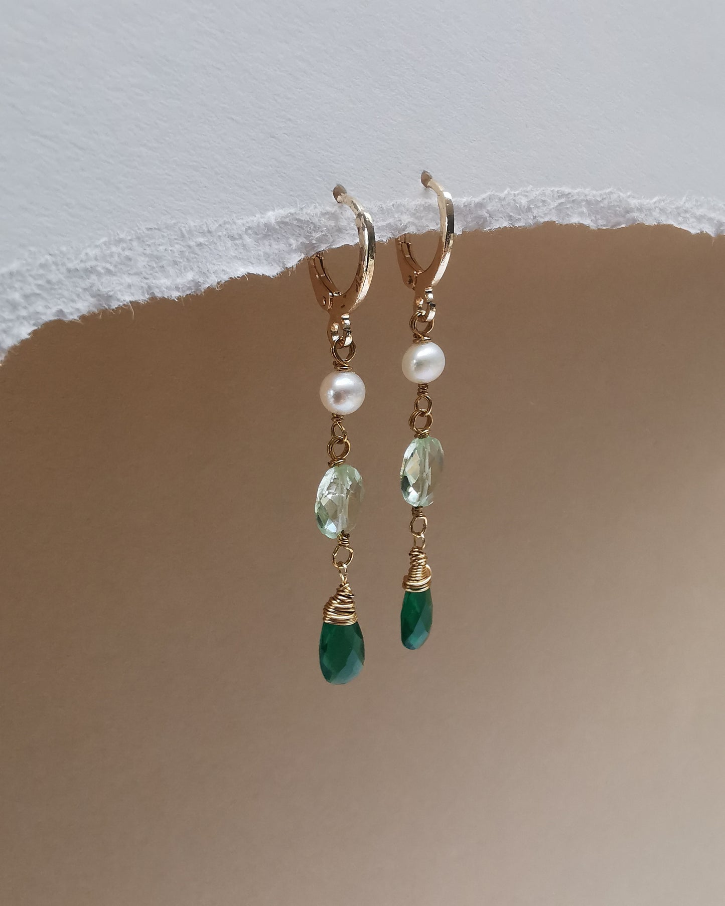 Long Drop Dainty Gemstone Earrings with Pearls, Green Amethyst & Green Onyx