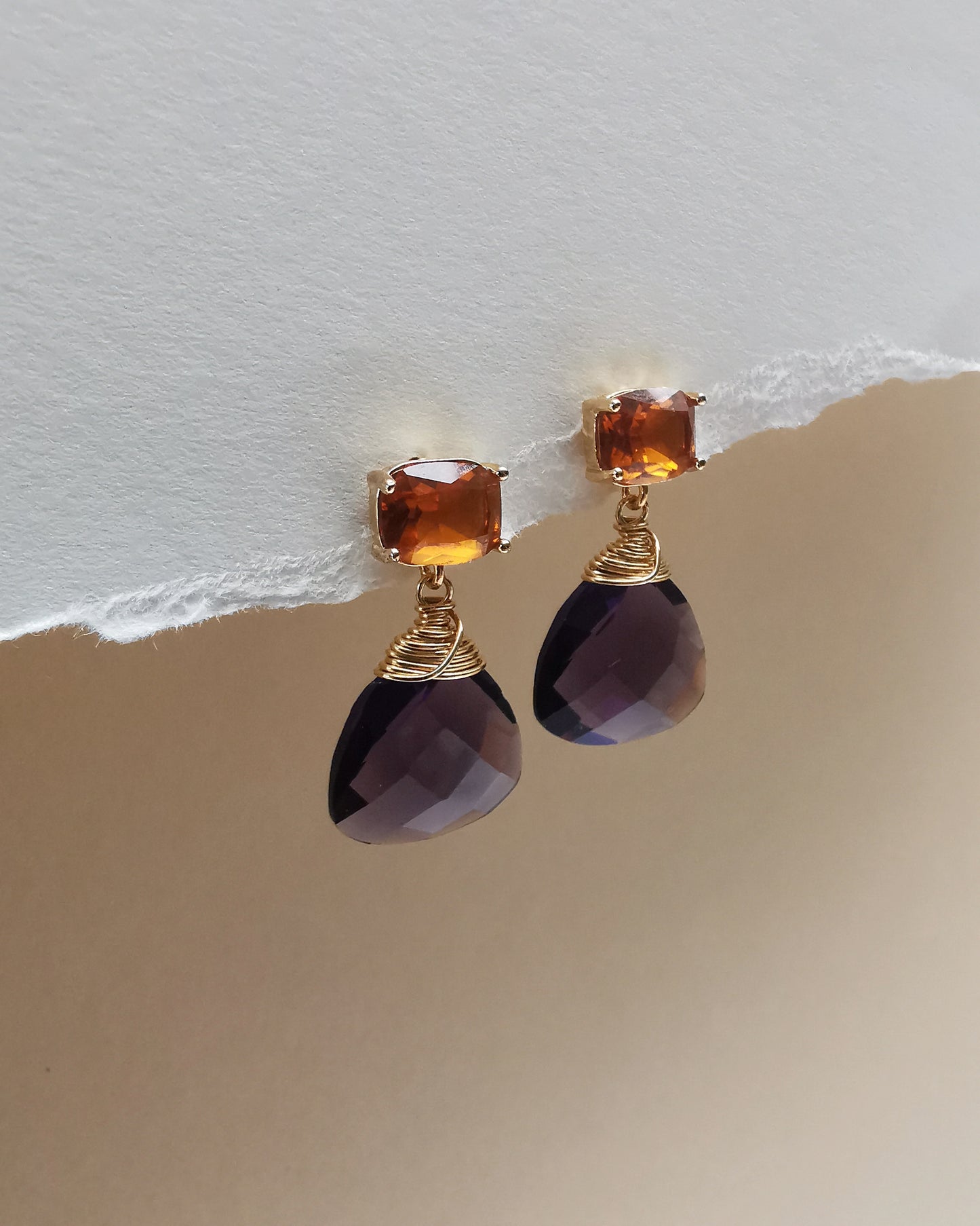 Citrine and Amethyst Trillion Gemstone Drop