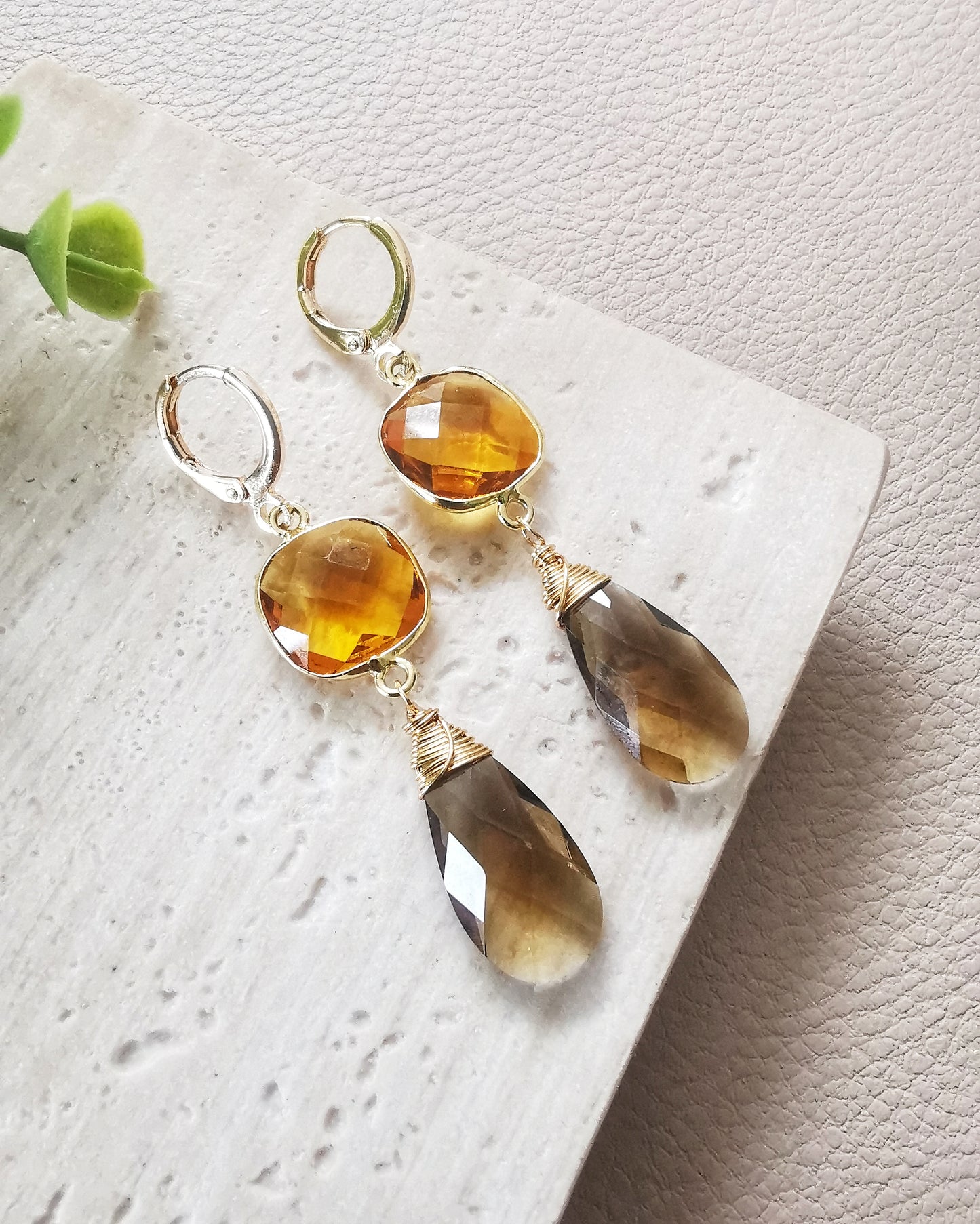 Citrine and Smoky Quartz Drop Earrings