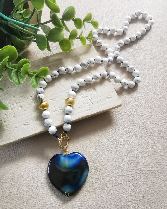 Long White Howlite Pendant Necklace with Deep Blue Agate Heart Pendant