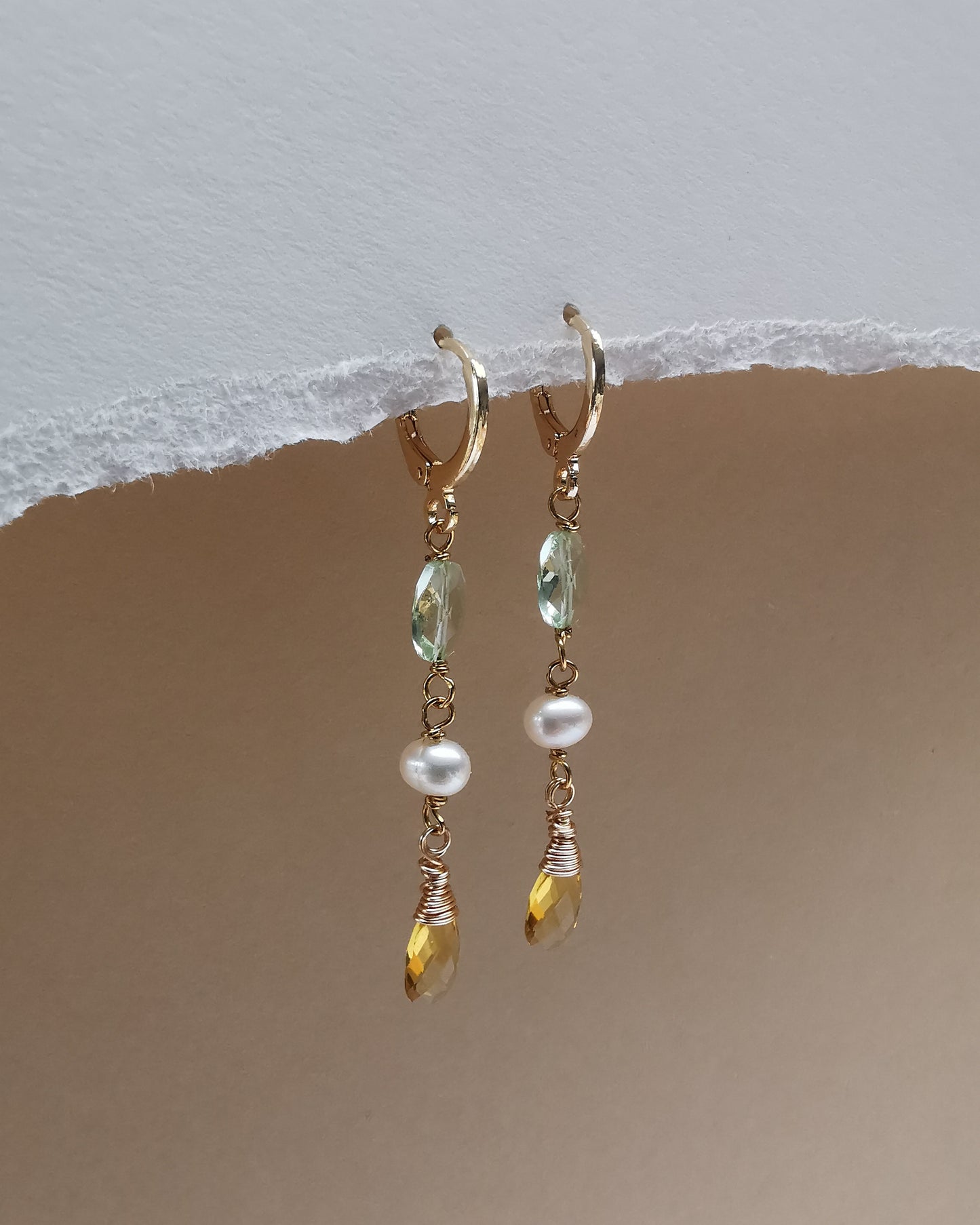 Long Drop Dainty Gemstone Earrings with Pearls, Green Amethyst & Citrine