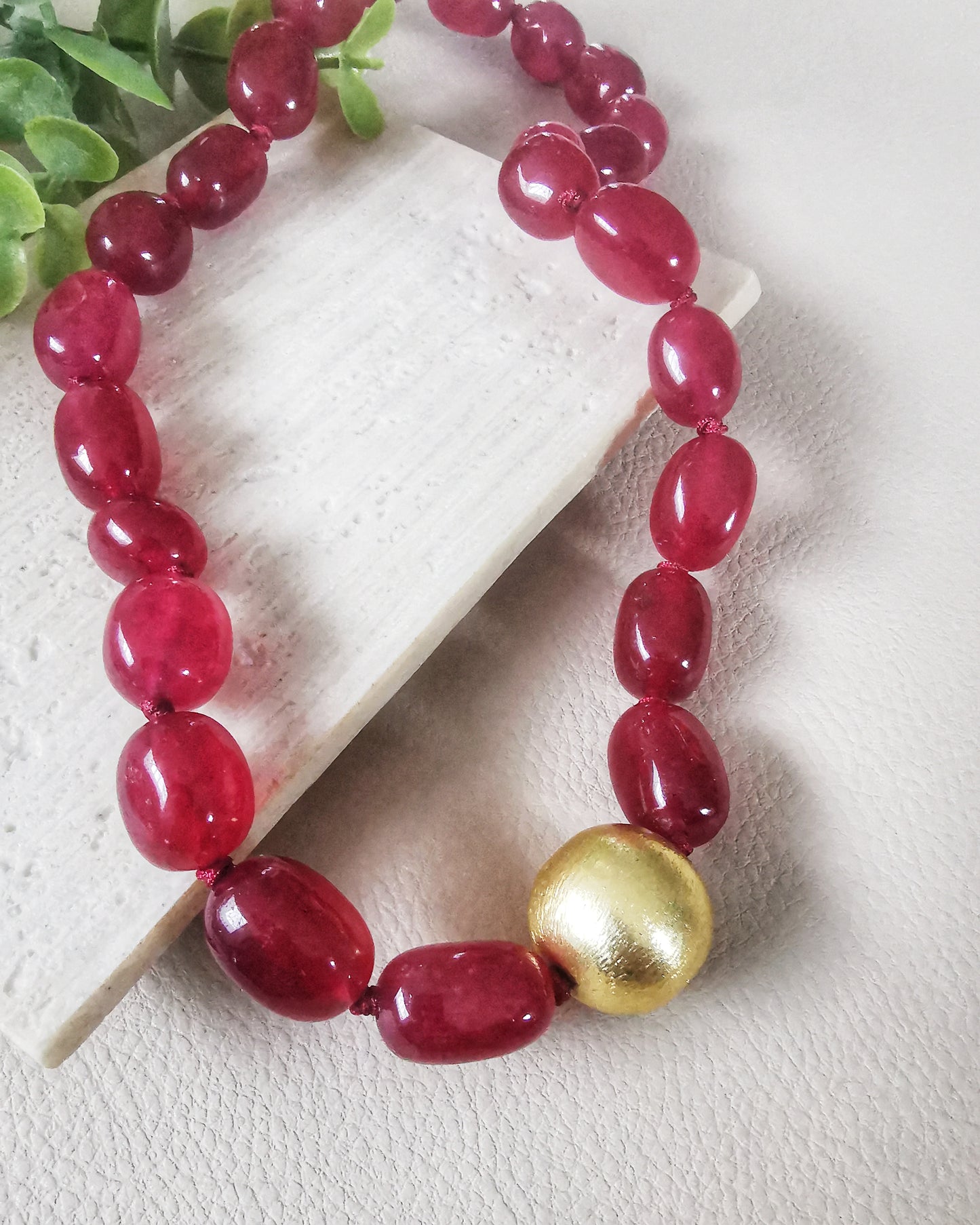 Red Wine Statement Chalcedony Necklace with a single gold brushed bead.