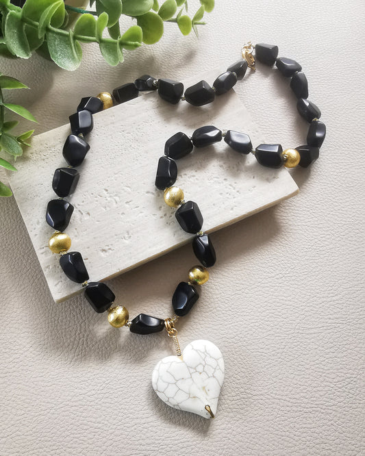 Black Crystal Statement Necklace with White Howlite Heart Pendant.