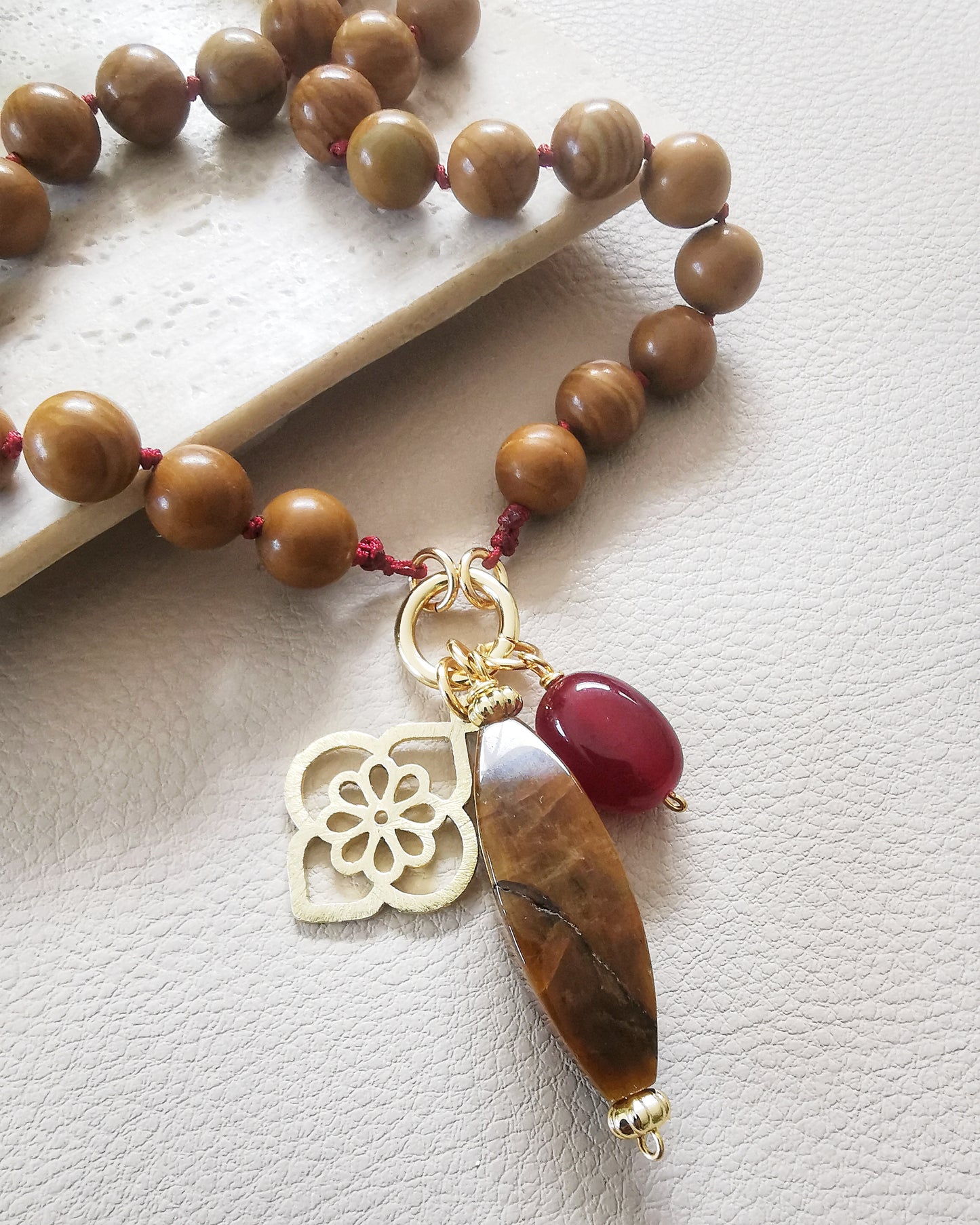 Brown Agate Long Necklace with Gemstone Charms