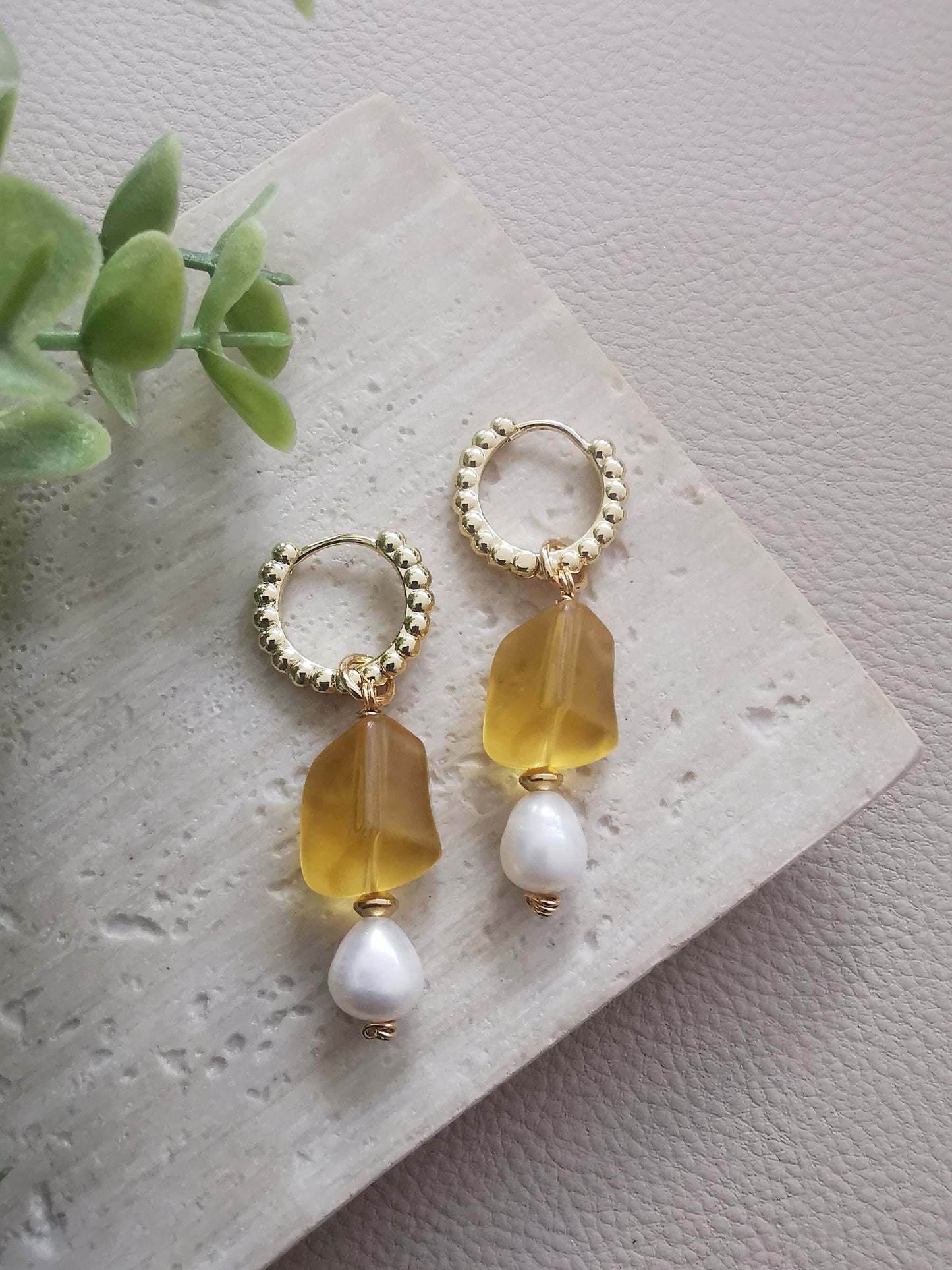 IVY - Ice Yellow Convertible Hoop Earrings with Matte Irregular Cut Crystal & Pearl Charm.