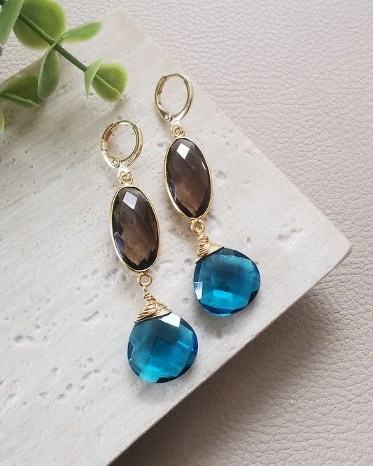 Smoky Quartz and Neon Blue Iolite Drop Earrings