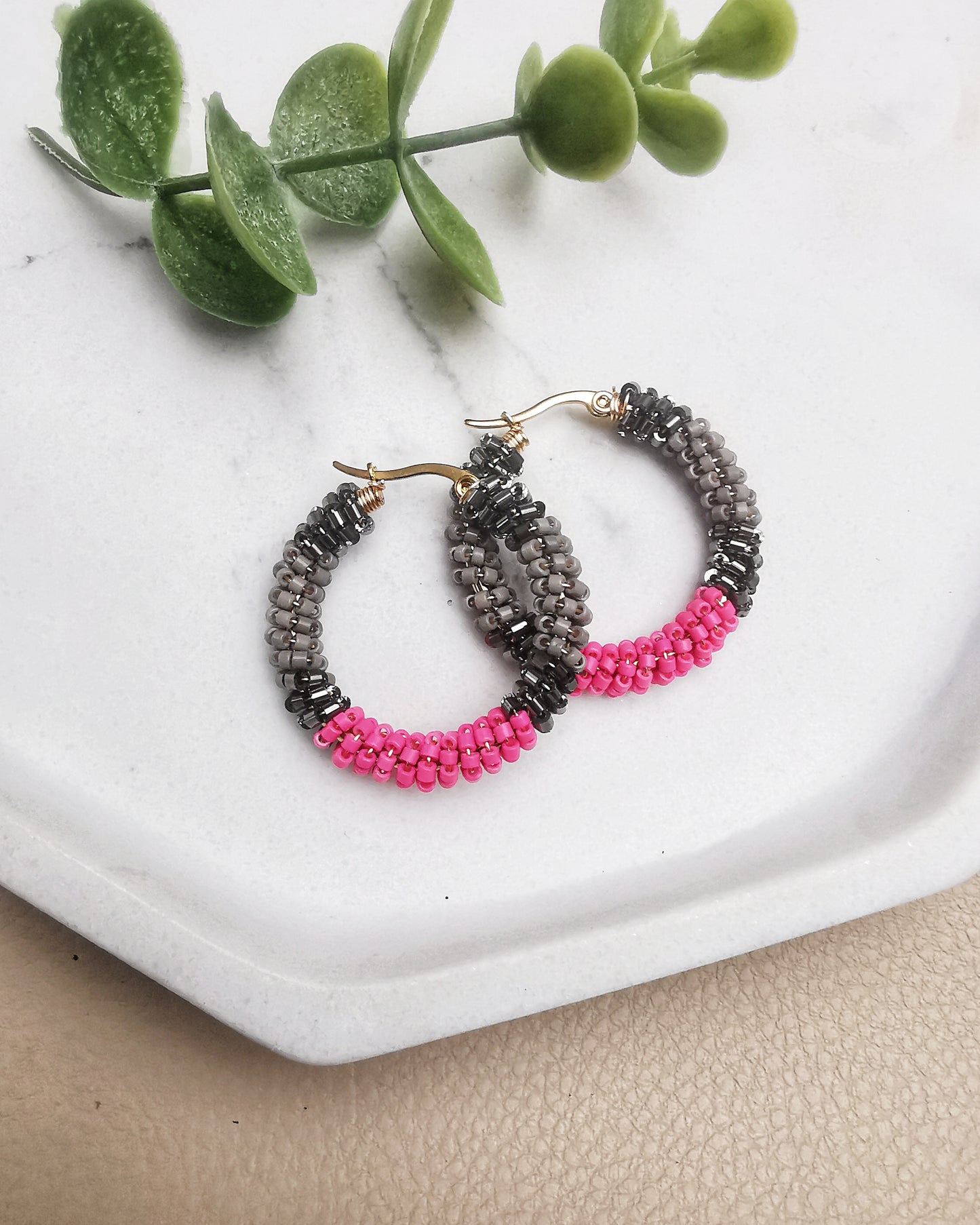 Hand-Wrapped Seed Bead Hoop Earrings Grey and Pink