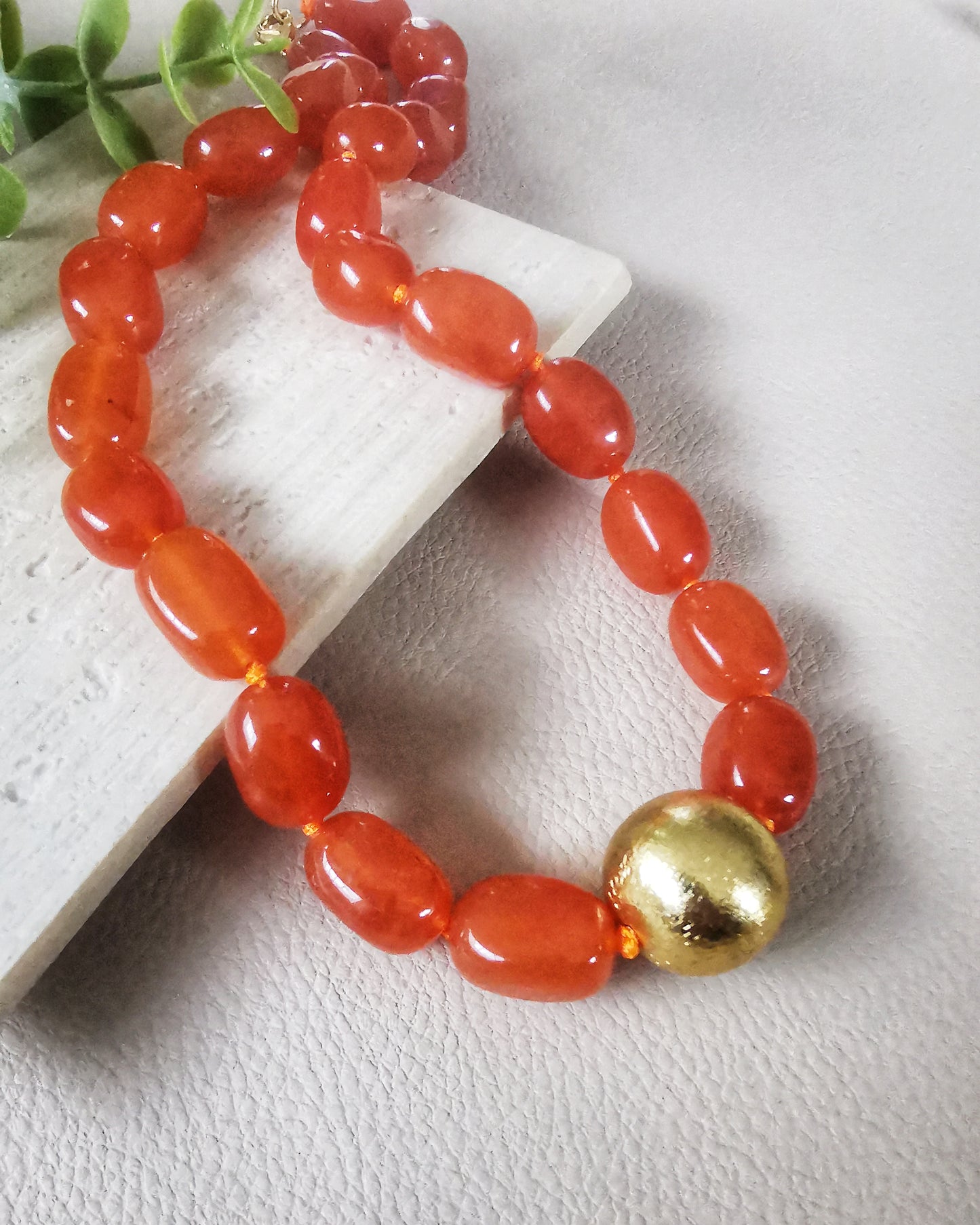 Orange Statement Chalcedony Necklace with a single gold brushed bead.