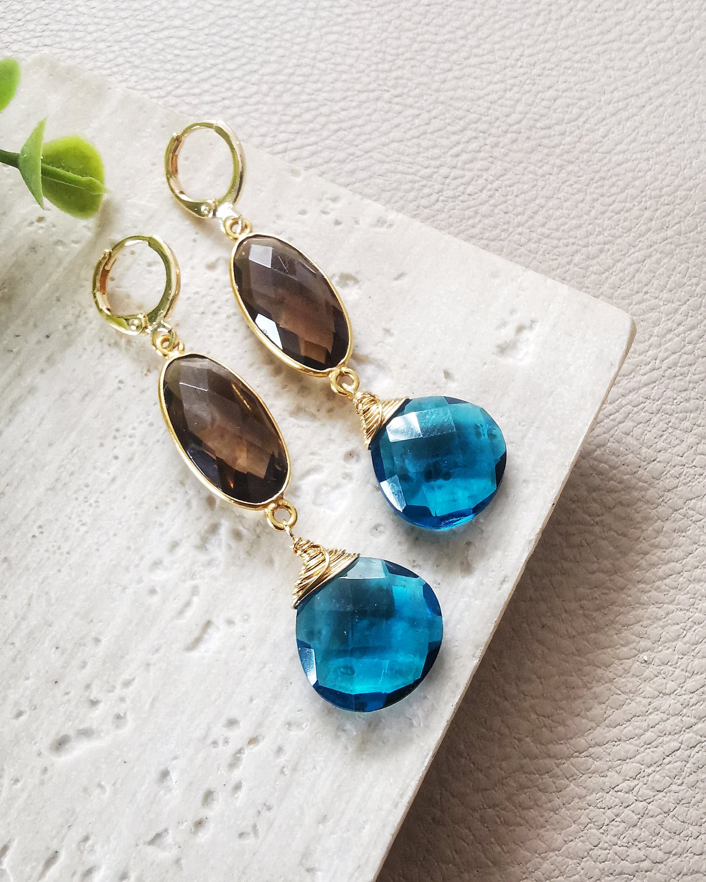 Smoky Quartz and Neon Blue Iolite Drop Earrings
