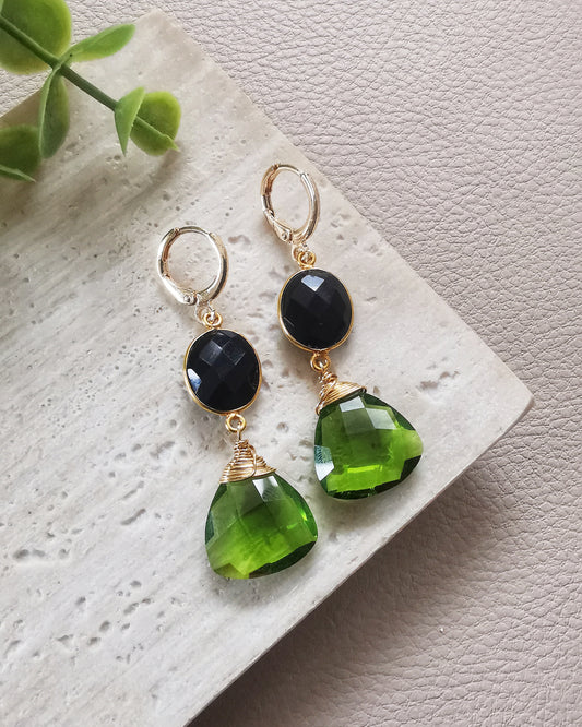 Black Onyx and Peridot Drop Earrings