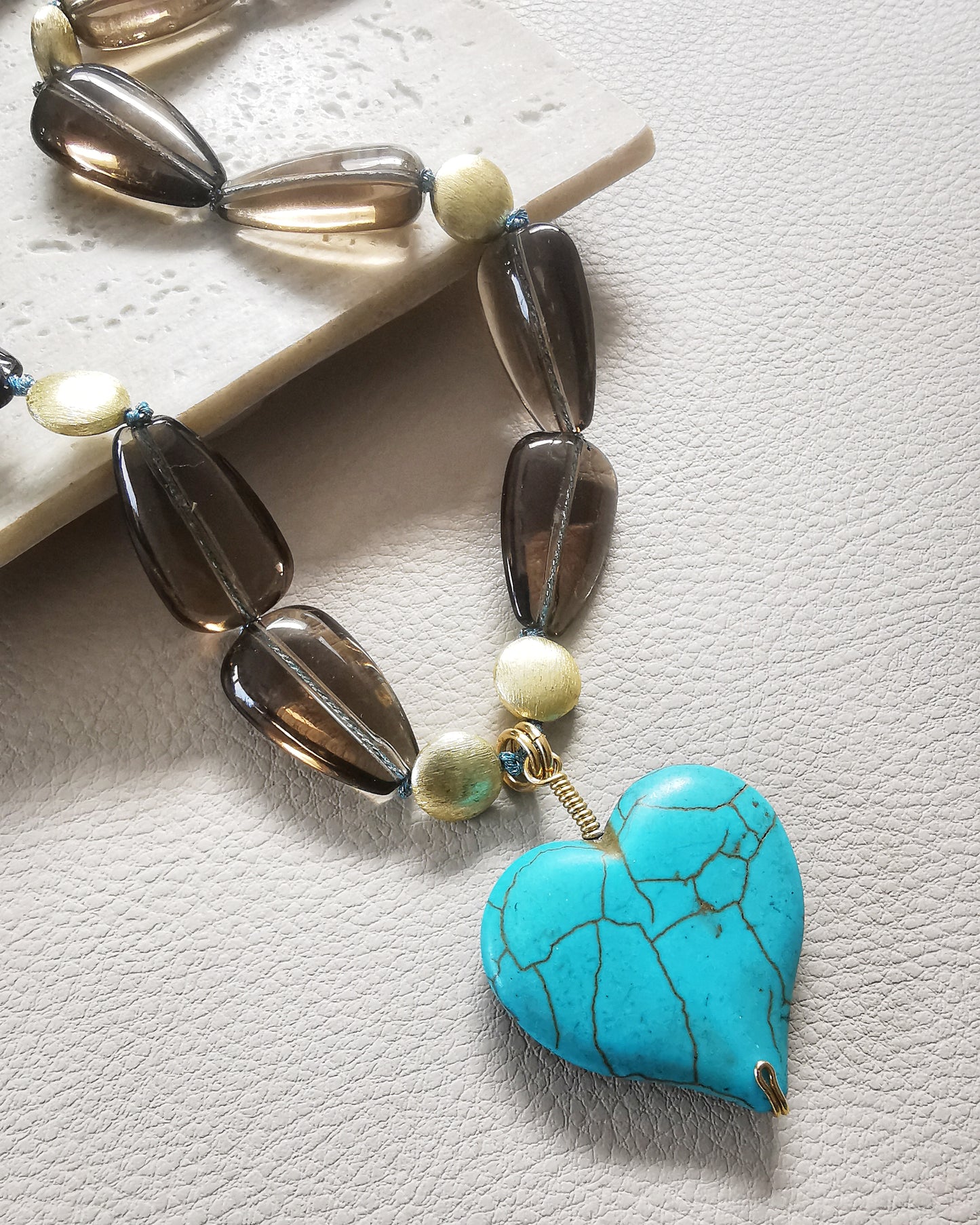 Smokey Crystal Statement Necklace with Howlite Turquoise heart Pendant