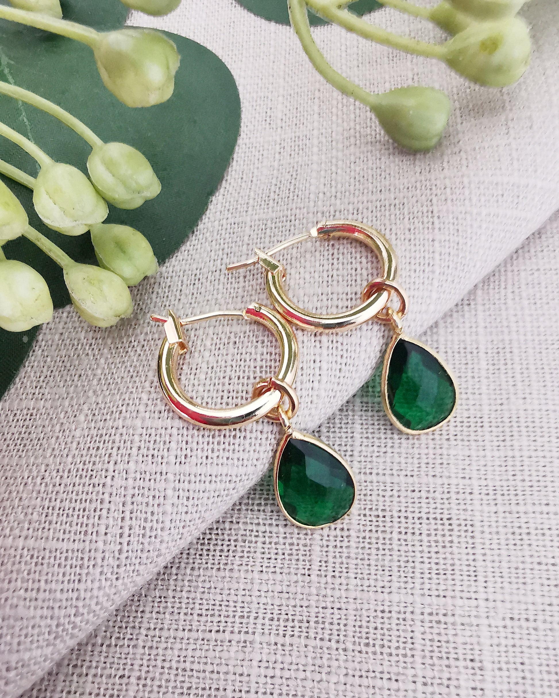 Detachable Emerald Quartz Hoop earrings -MAY BIRTHSTONE- - Vinta Shop
