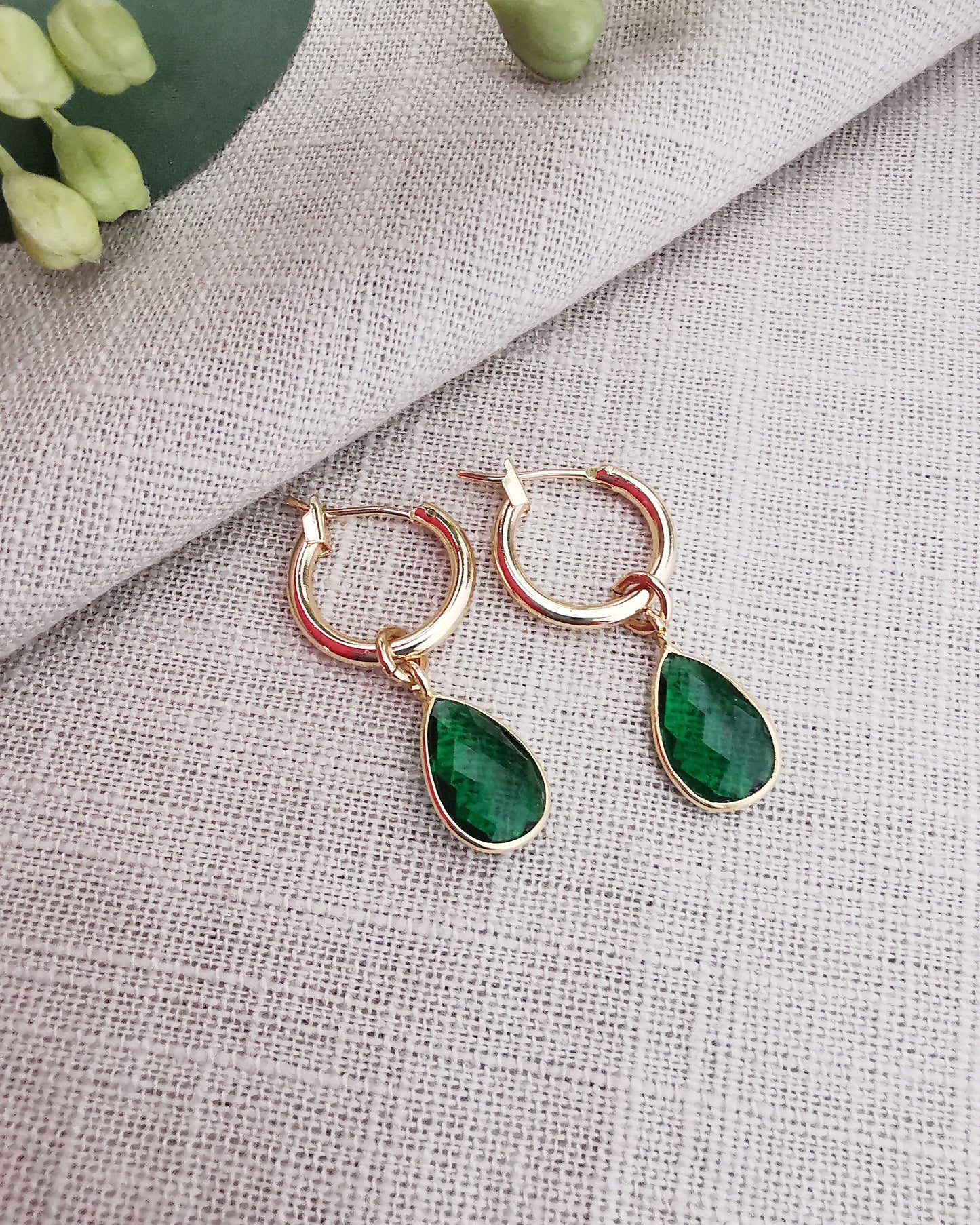 Detachable Emerald Quartz Hoop earrings -MAY BIRTHSTONE- - Vinta Shop