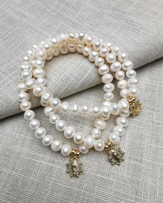 Freshwater Pearl Bracelet with Holy Virgin Mary Dainty Medallion - Vinta Shop