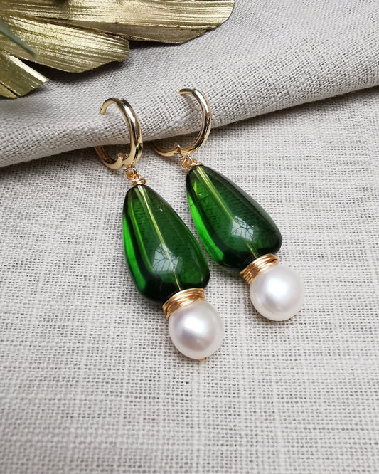 Green Teardrops + Freshwater Pearls Hoop Earrings