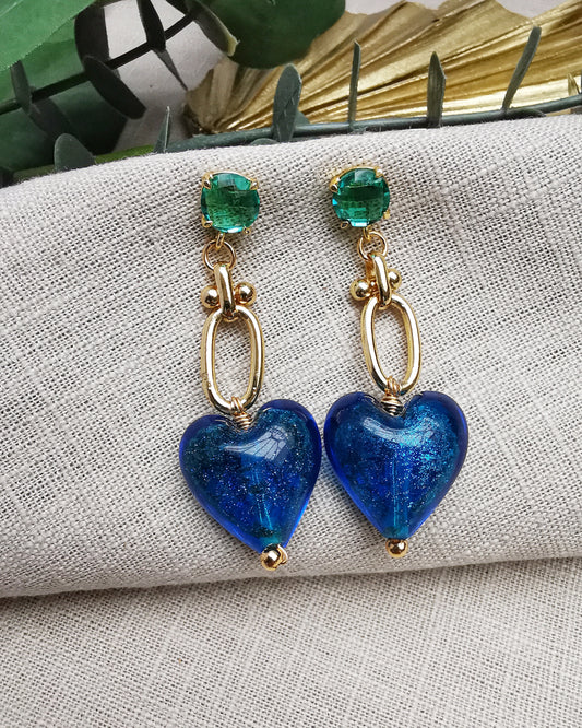 Blue Heart Long Drop Statement Earrings with Apatites - Vinta Shop