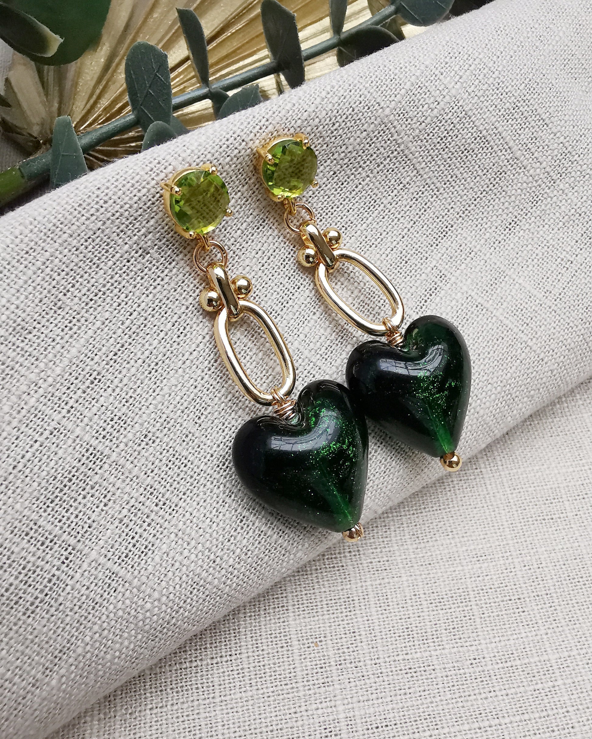Green Heart Long Drop Statement Earrings with Peridots - Vinta Shop