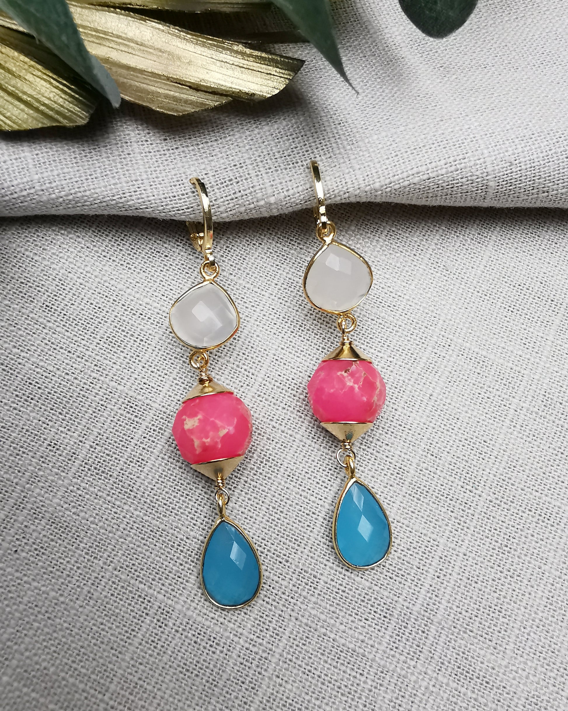 White Chalcedony + Pink Imperial Jasper + Blue Chalcedony Drop Earrings. - Vinta Shop