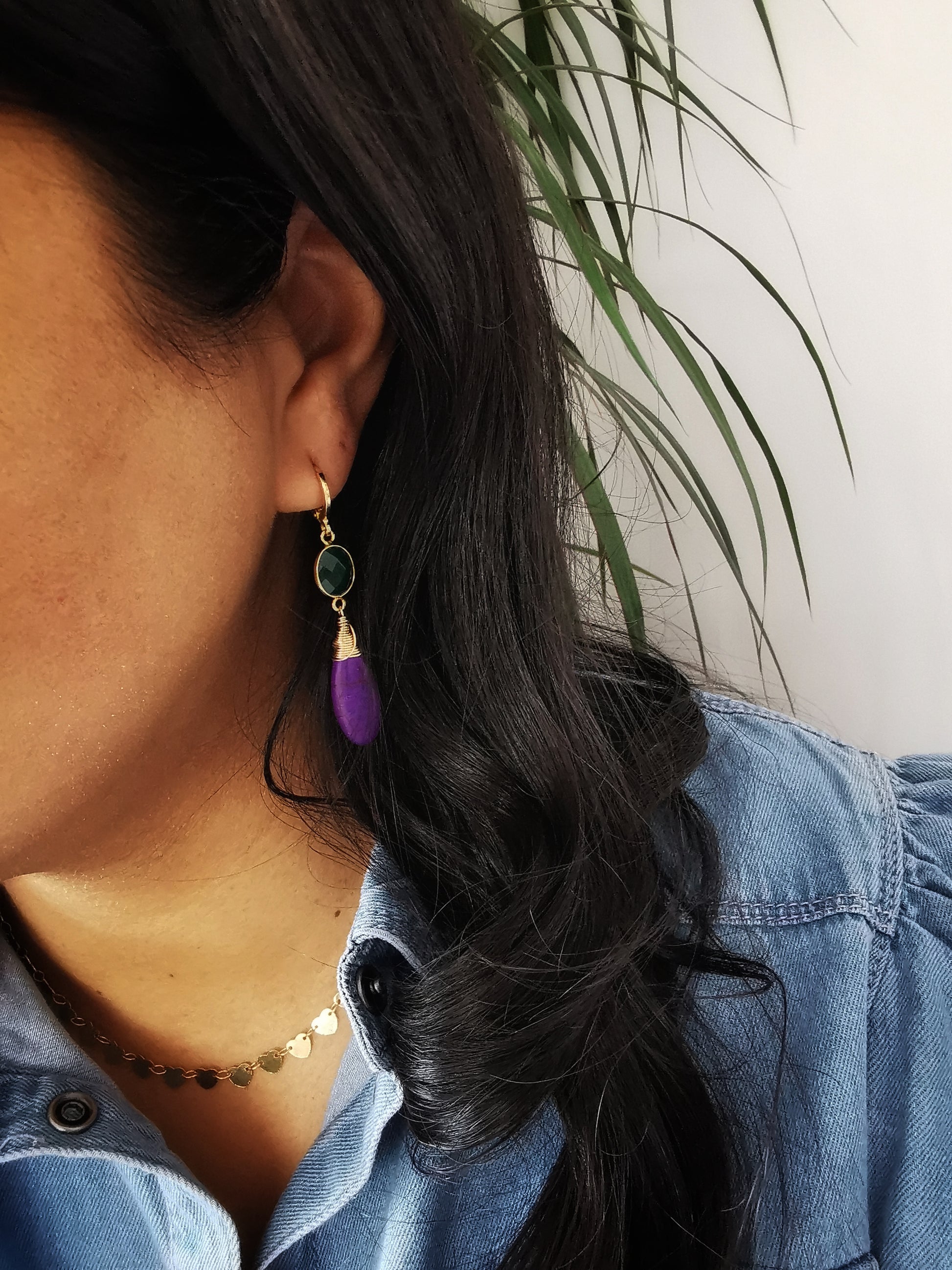 Green Onyx + Purple Howlite Drop Earrings - Vinta Shop