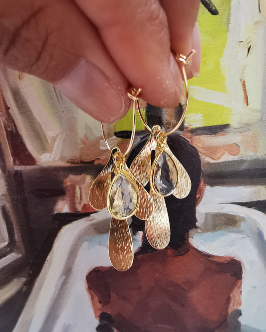 Detachable Peruvian Clear Quartz Hoop Earrings with Petal Flower.