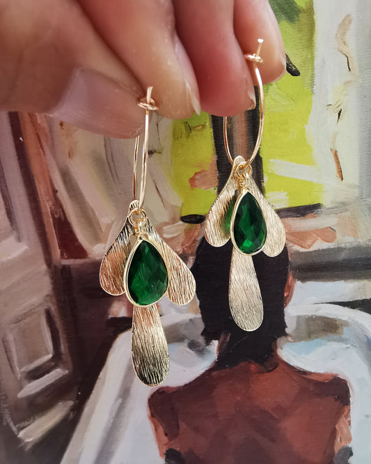 Detachable Emerald Quartz Hoop Earrings with Petal Flower.