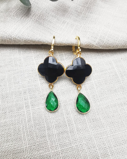 Black Onyx and Emerald Quartz Clover Earrings - LIMITED EDITION