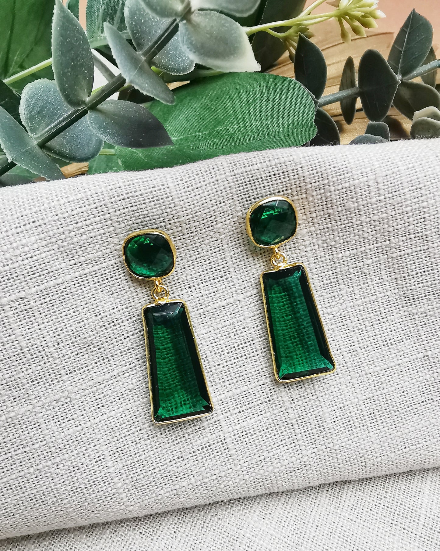 Emerald Quartz Stud Dangle Earrings.