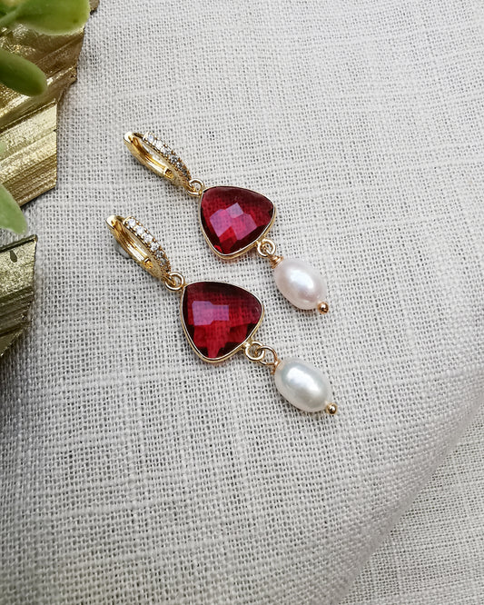 Ruby Quartz + Freshwater Pearl Drop Earrings.
