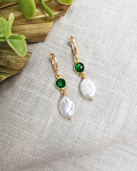 Eva || Freshwater Pearl + Emerald Quartz Drop Earrings