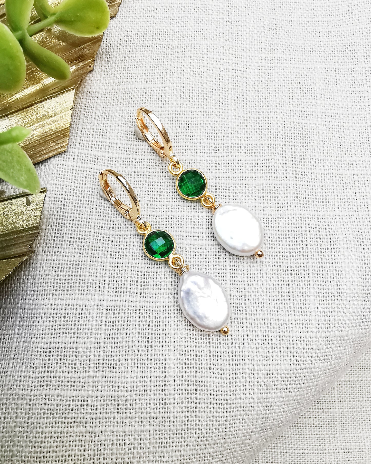 Eva || Freshwater Pearl + Emerald Quartz Drop Earrings