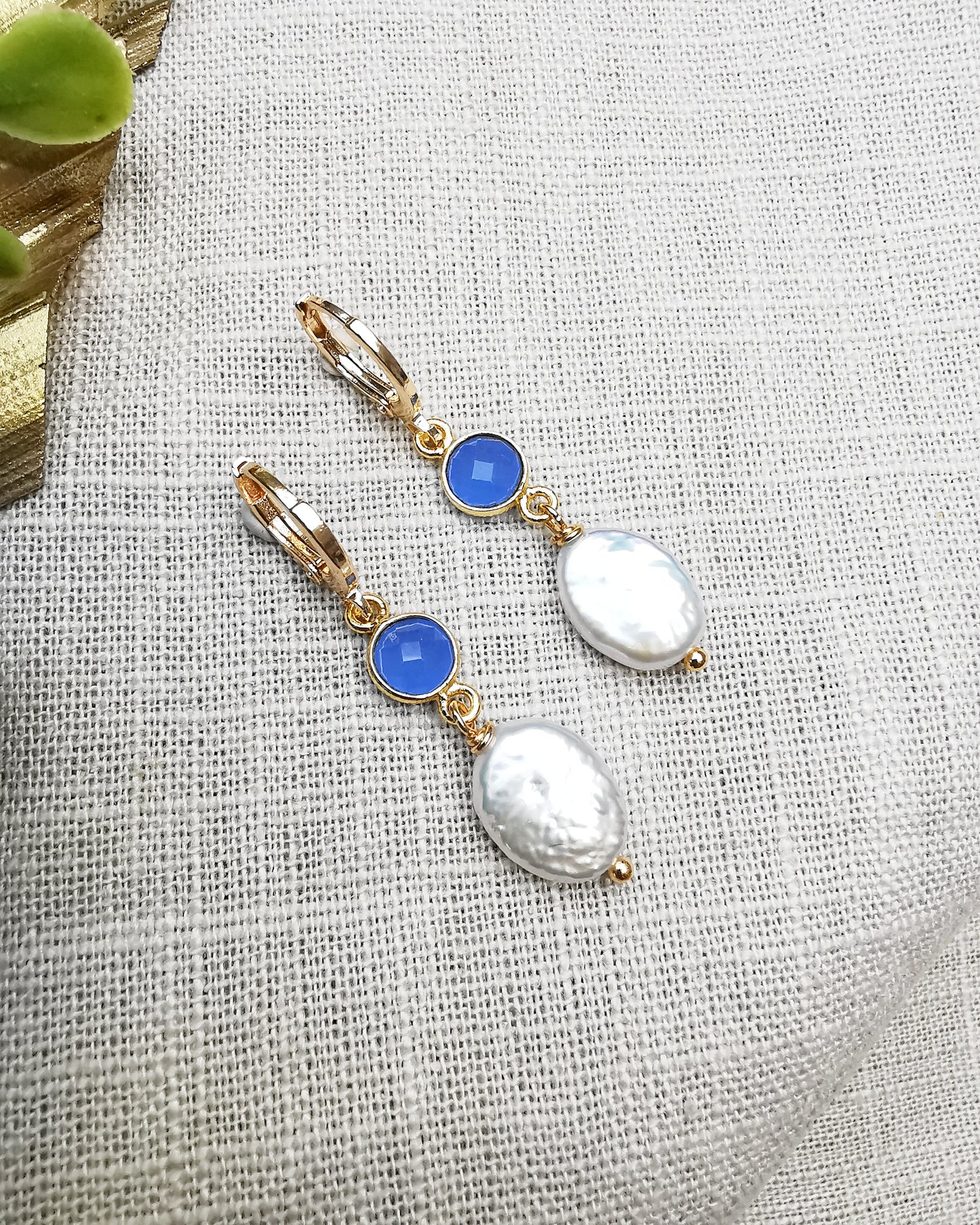 Eva || Freshwater Pearl + Blue Chalcedony Quartz Drop Earrings