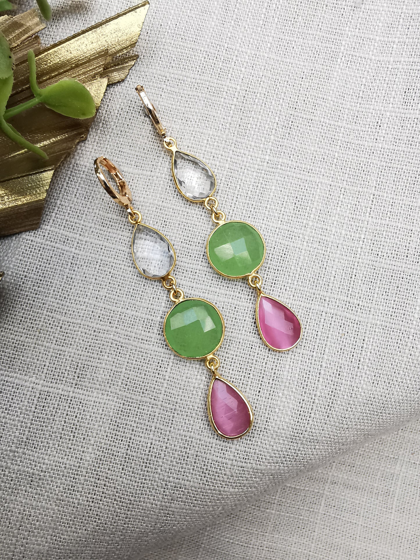 Multi-Gemstone Long Drop Earrings with Peruvian Quartz + Prehinte + Pink Blush Mona Lisa Stone Teardrop.