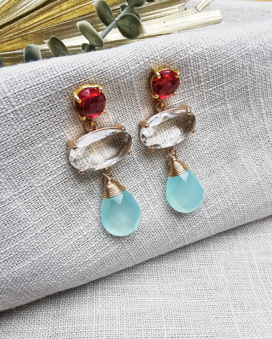 Statement Ruby Quartz + Baby Blue Chalcedony  Drop Earrings. LIMITED EDITION