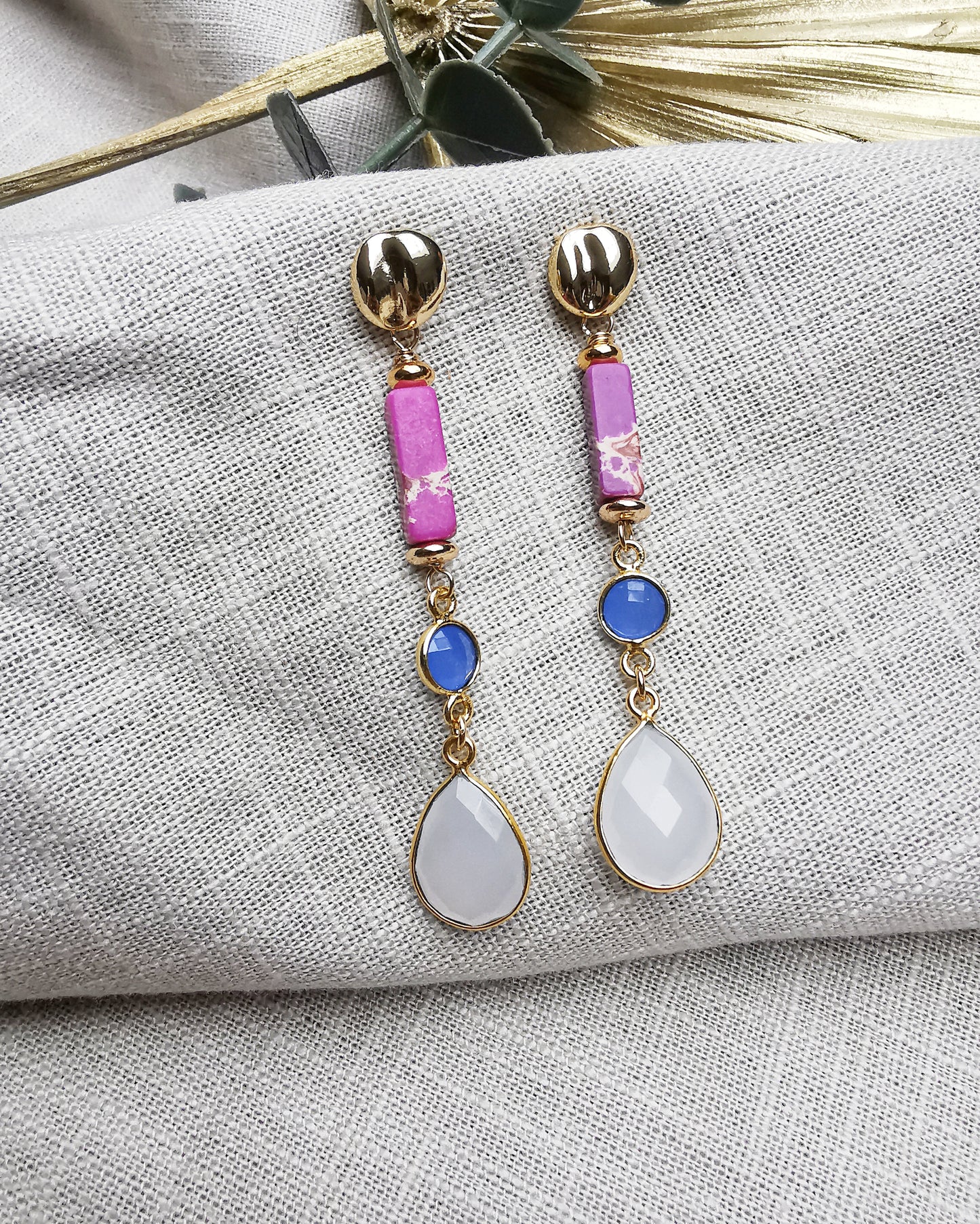 Lulu - Multi-Gemstone Long Drop Earrings with Imperial Jasper + Periwinkle Blue Chalcedony + White Chalcedony