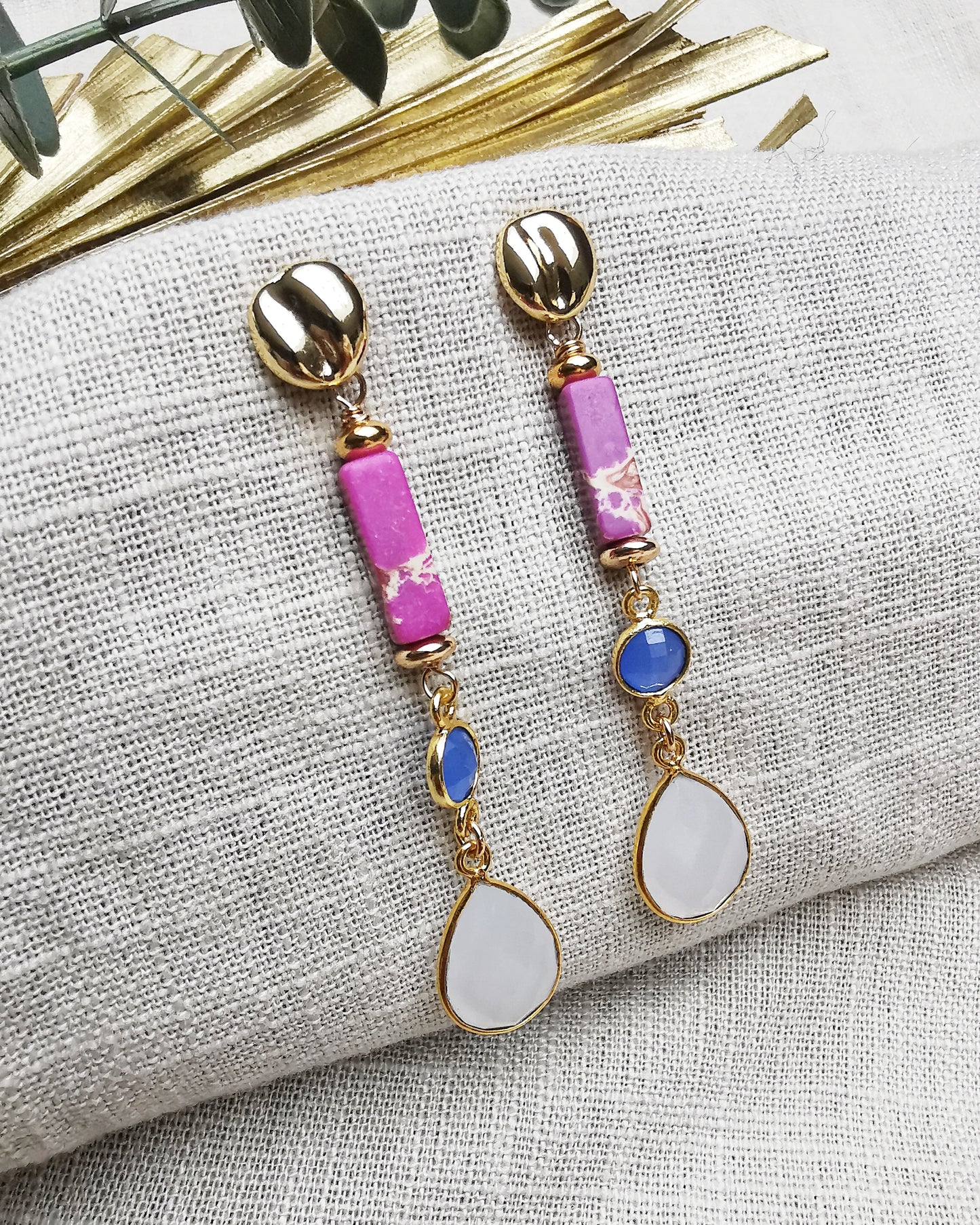 Lulu - Multi-Gemstone Long Drop Earrings with Imperial Jasper + Periwinkle Blue Chalcedony + White Chalcedony