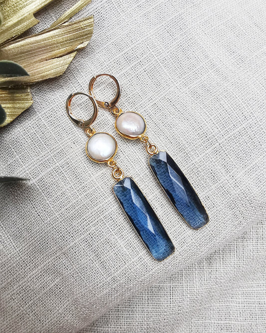 Freshwater Pearl & Blue Iolite Drop Earrings.