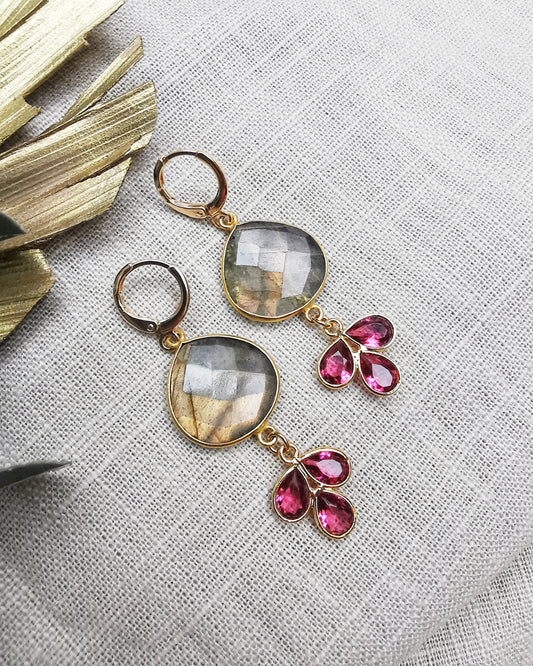 Ainara - Labradorite & Ruby quartz Dangle Earrings.  LIMITED EDITION