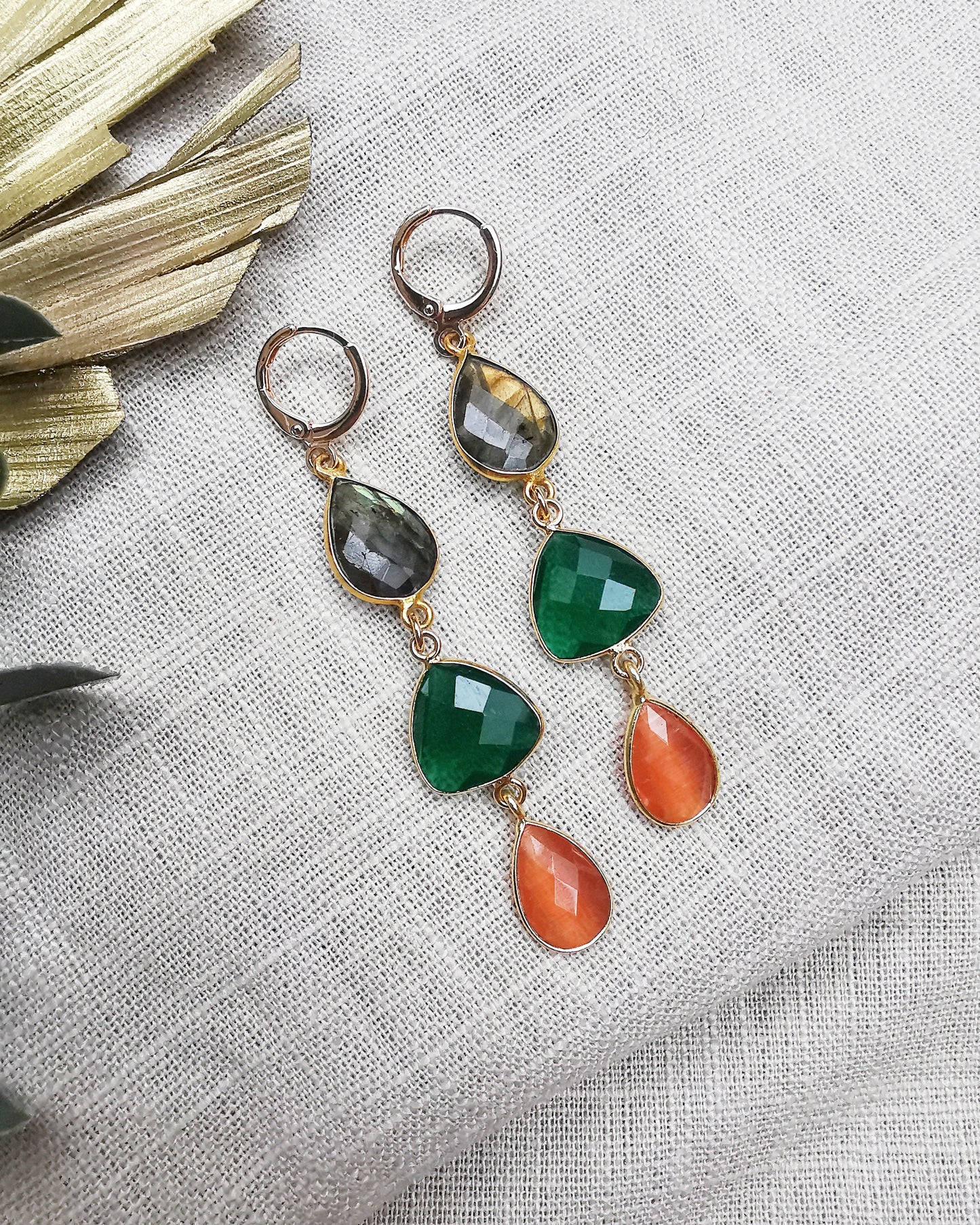 Multi-Gemstone Long Drop Earrings with Labradorite + Emerald Quartz + Orange Mona Lisa Stone Teardrop.