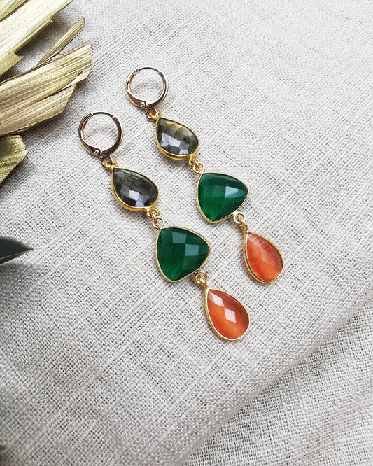 Multi-Gemstone Long Drop Earrings with Labradorite + Emerald Quartz + Orange Mona Lisa Stone Teardrop.